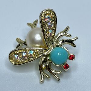 Vintage Bumblebee Mini Brooch Pin Aqua Cabochon Rhinestone 1" Estate Gold Tone